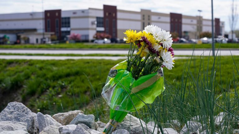 A single bouquet of flowers lies on the rocks across the street from the FedEx facility in Indianapolis on April 17, 2021, where eight people were shot and killed.